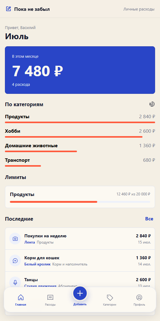 Главный экран Mini App со сводкой расходов и лимитом на продукты