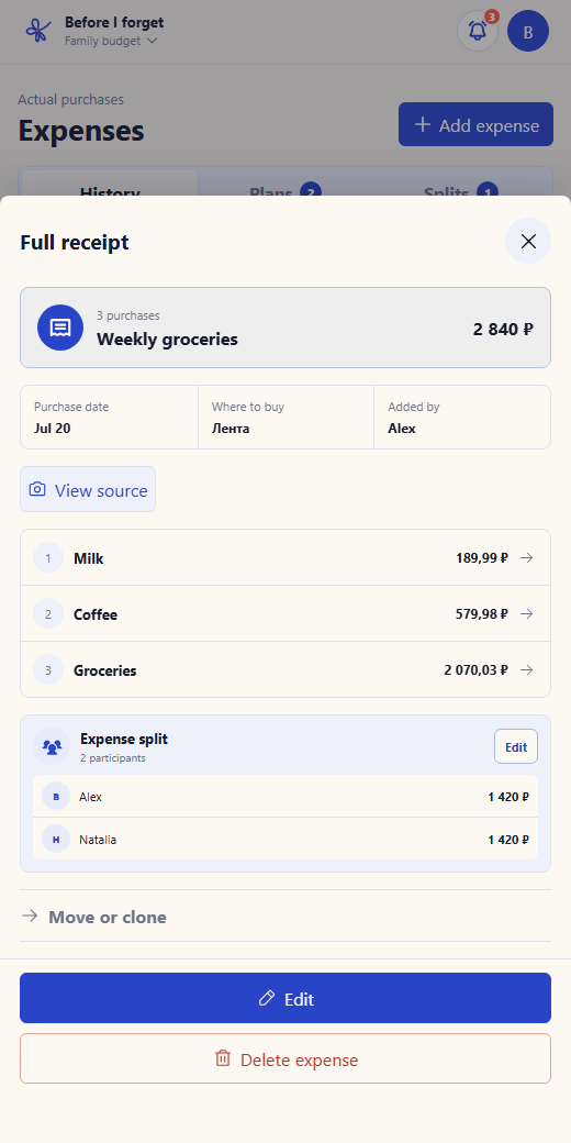 A shared expense with participant shares
