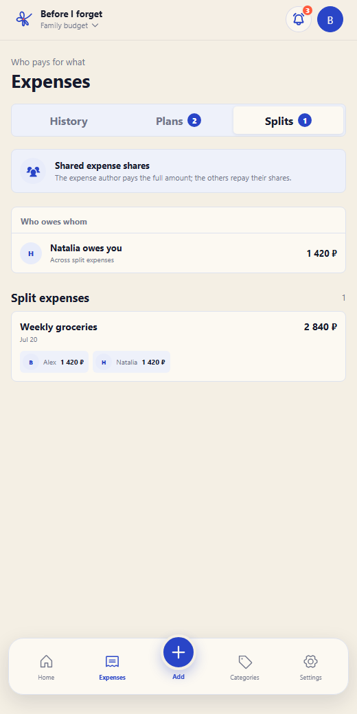 Split result with the amount owed