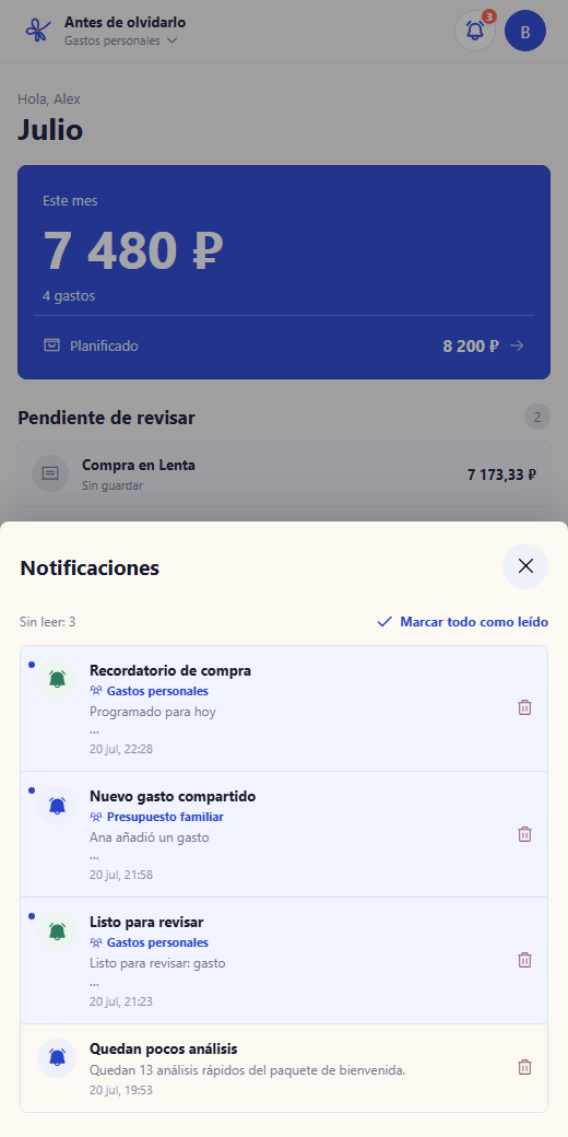 Una lista de notificaciones para los espacios personal y familiar