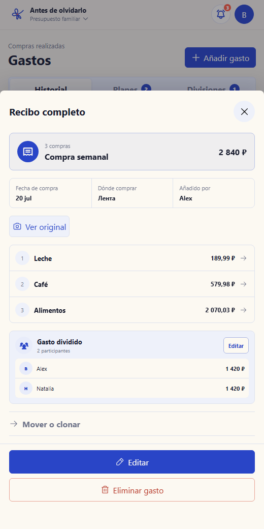 Gasto compartido con las partes de cada participante