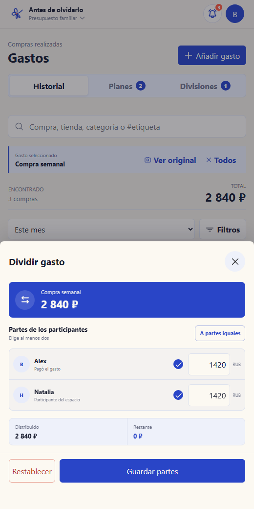 Distribución del importe entre participantes